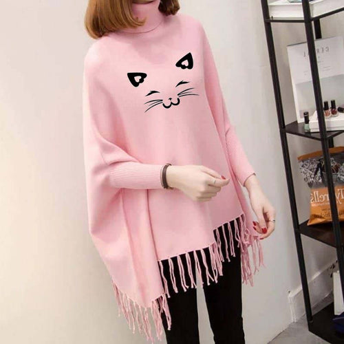 Pink Kitty Printed Bat-Wing Style Winter at StyleQ