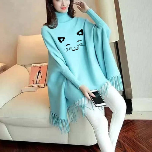 Skyblue Kitty Printed Bat-Wing Style Winter at StyleQ