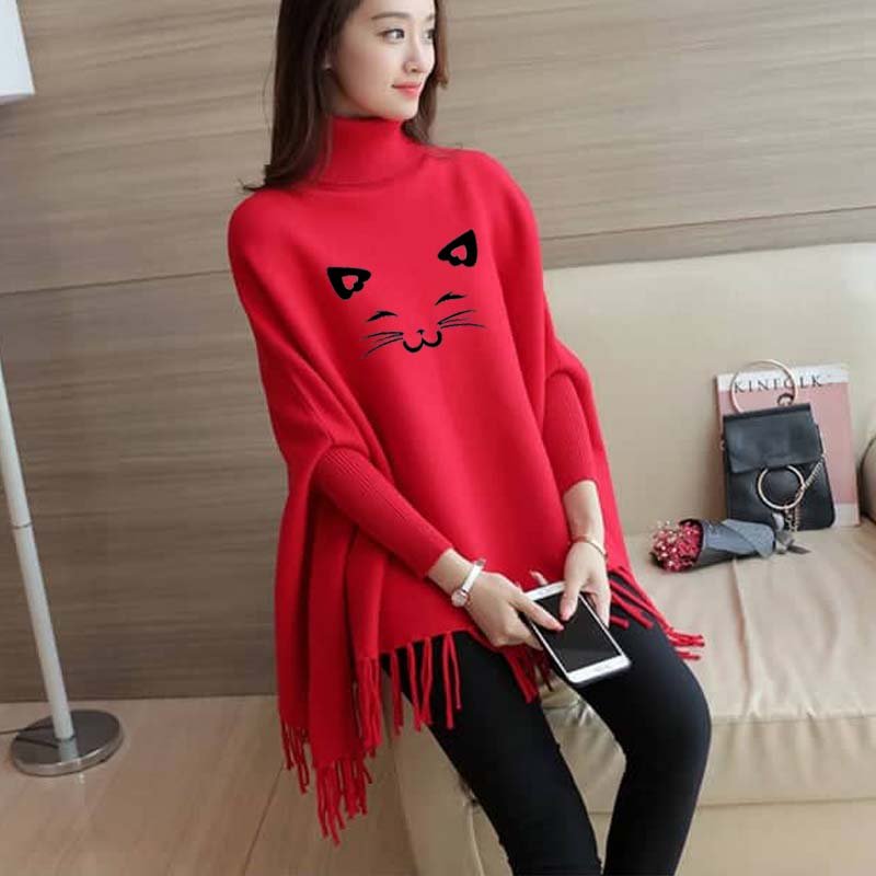 Red Kitty Printed Bat-Wing Style Winter at StyleQ