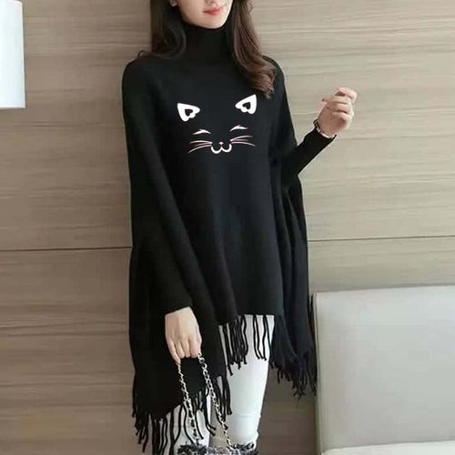 Black Kitty Printed Bat-Wing Style Winter at StyleQ