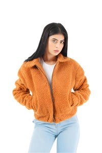 Faux Fur Bomber Jacket brown at styleq