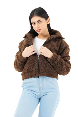 Faux Fur Bomber Jacket brown at styleq