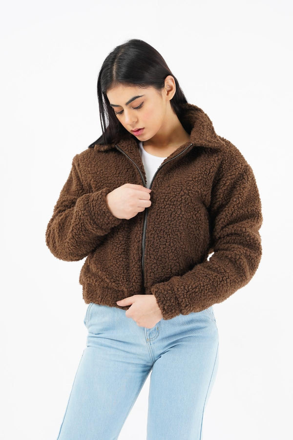 Faux Fur Bomber Jacket brown at styleq