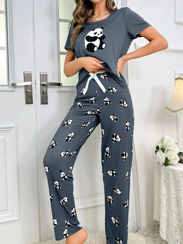 Casual Panda Print Set, Crew Neck T-shirt & Pants