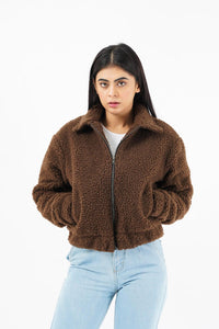 Faux Fur Bomber Jacket brown at styleq