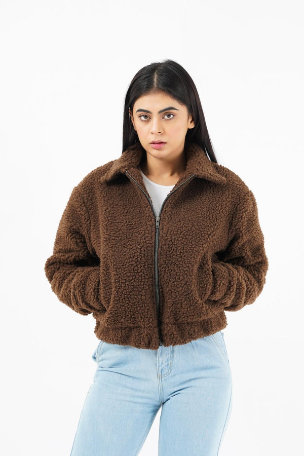 Faux Fur Bomber Jacket brown at styleq