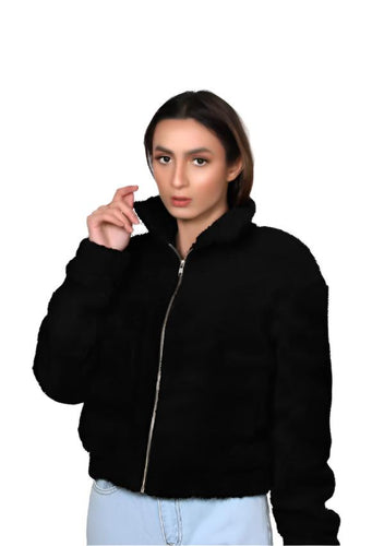 Faux Fur Bomber Jacket black at styleq