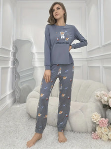 Casual Astronaut Bear Pajama Set, Long Sleeve Top & Joggers