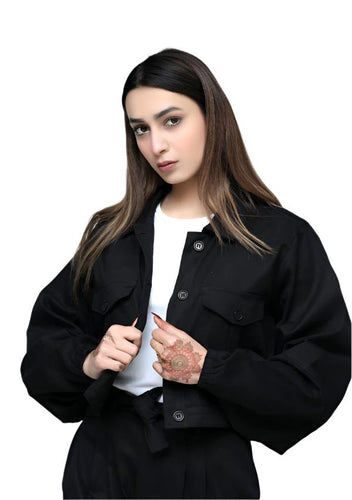 Cropped Faux Fur Bomber Jacket black at styleq