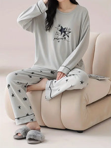 Casual Cartoon Star Long Sleeve Pajama Set for Teens