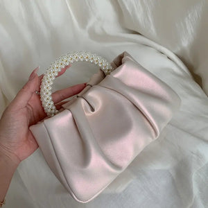 Elegant Cloud Ruched Handbag with Faux Pearl Clutch